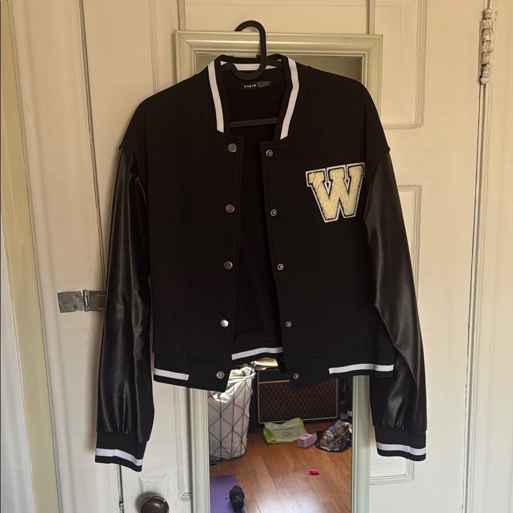 Black Varsity Jacket with Leather Sleeves